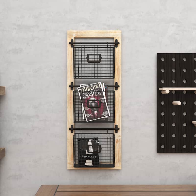 Metal Suspended Wire Basket 2 Slot Magazine Rack Holder with Suspended Baskets and Label Slot - Black - Roche River Decor