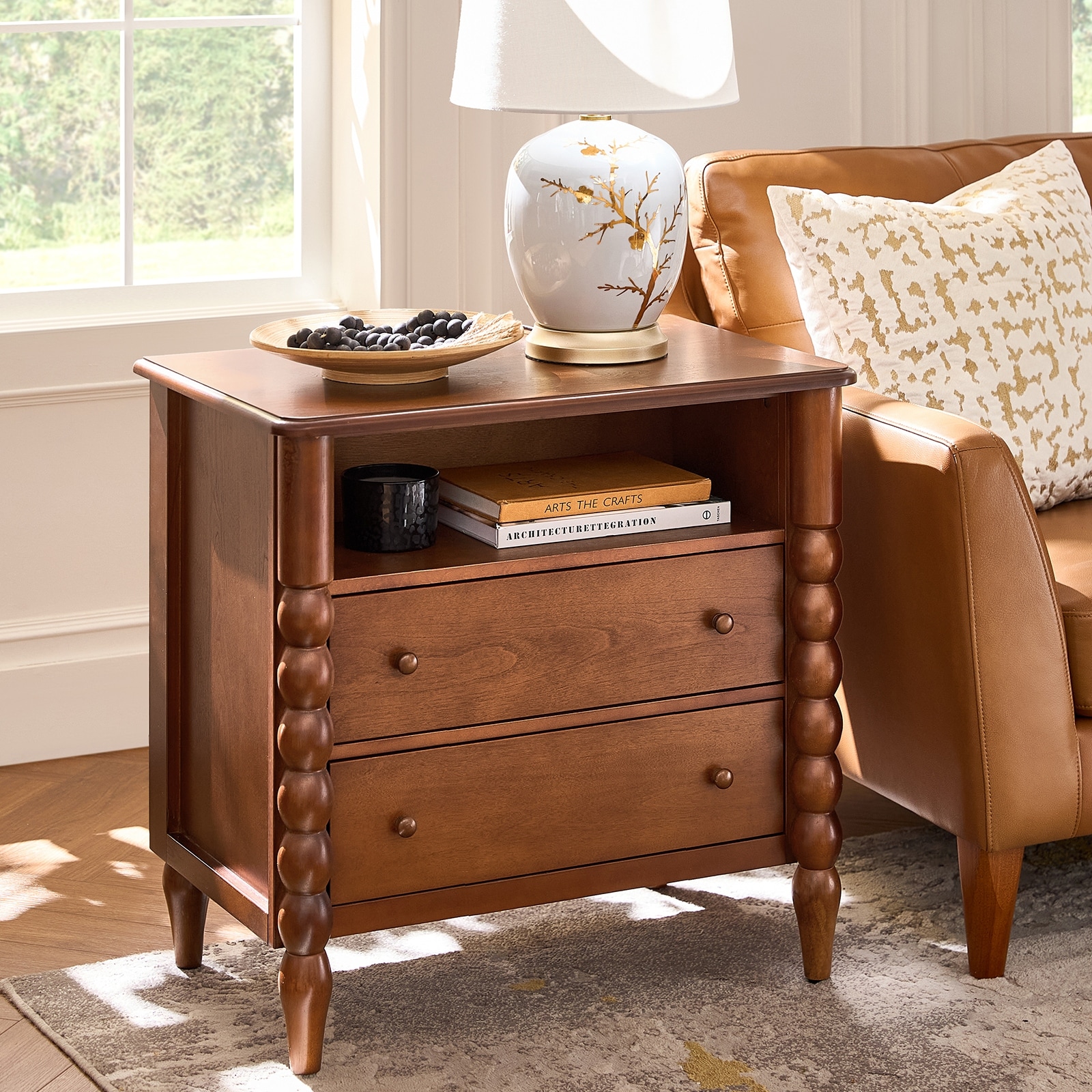 Alex Transitional 28"W 2-Drawer Spindle-Style Solid Wood End Table with Charging Station and USB Ports By HULALA HOME