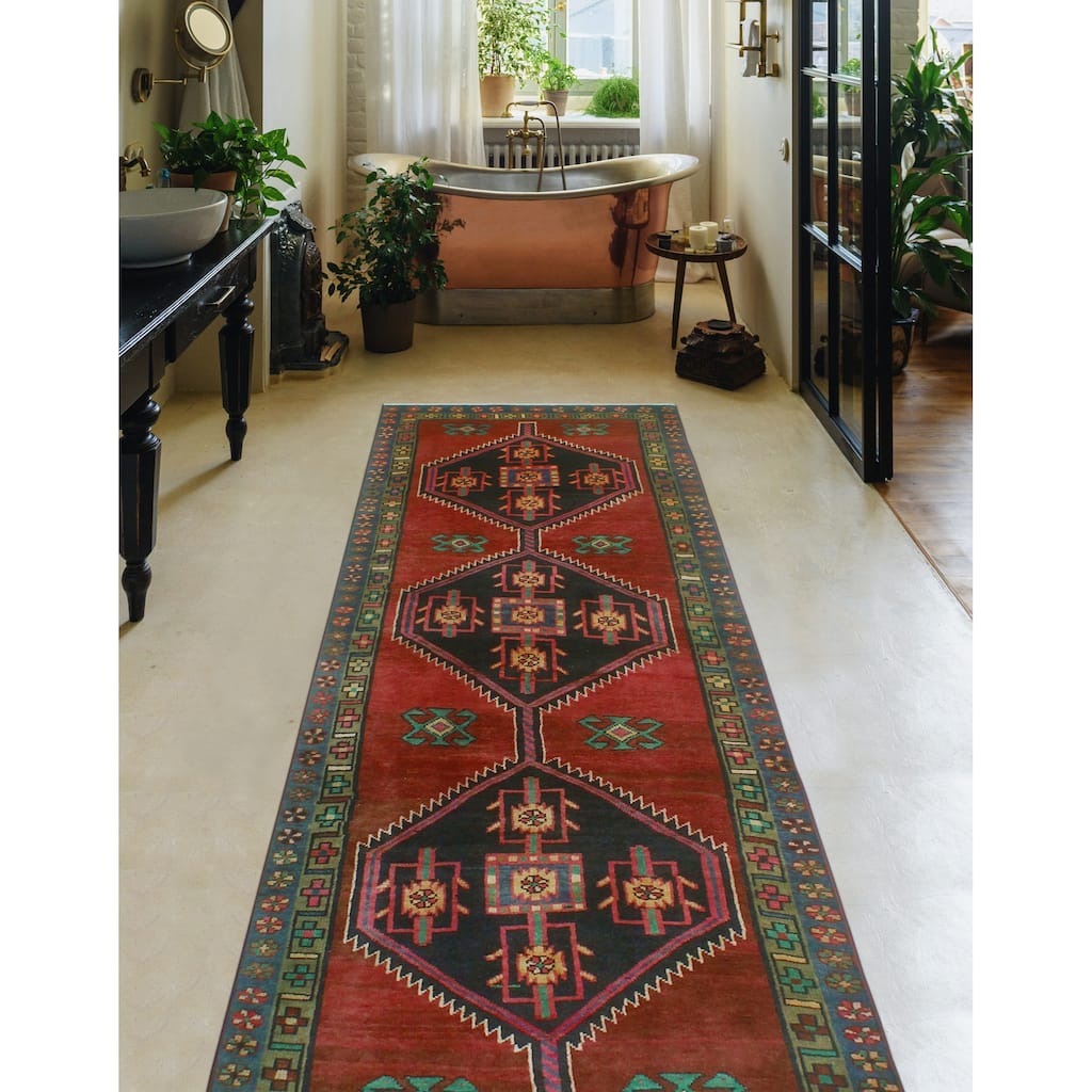 Fine Vintage Distressed Baith Red/Charcoal Runner - 3'6" x 9'3"