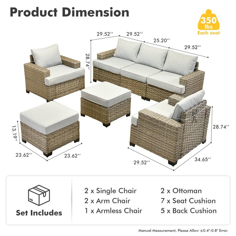 OVIOS 7-Piece T Shaped Seat Wide Armrest Patio Conversation Set