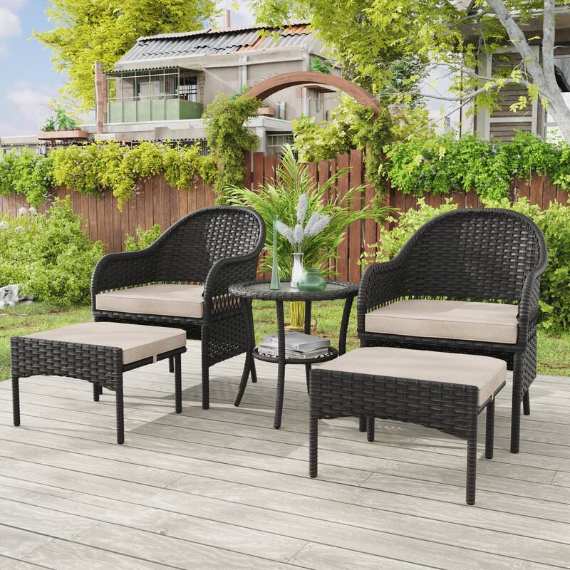 Cozywor 5-Piece Wicker Outdoor Patio Conversation Lounge Chair Set - Beige