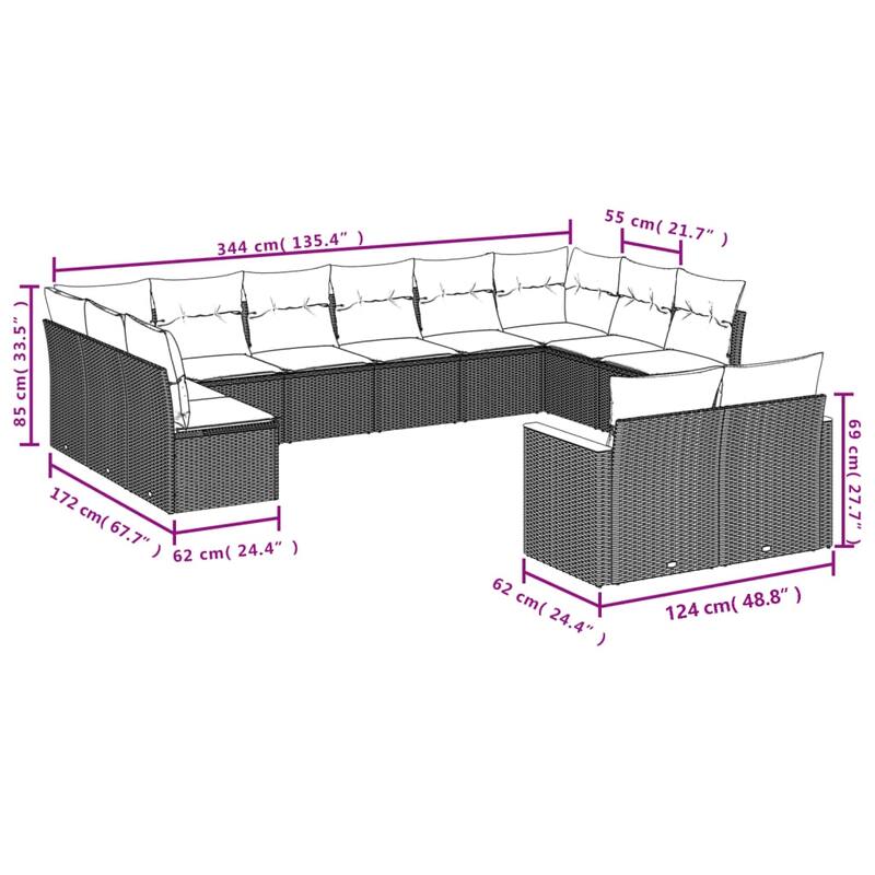 vidaXL Patio Sofa Set with Cushions Outdoor Conversation Furniture Poly Rattan - 24.4 x 24.4 x 27.2 in