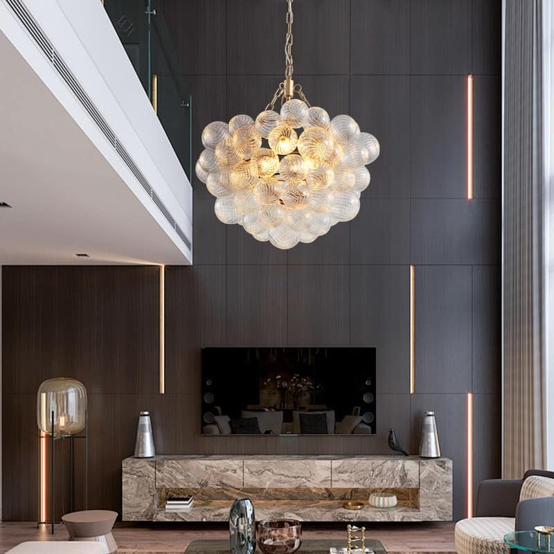 Adjustable Gold Pendant Chandelier with Threaded Clear Glass Globe Shade–Perfect for Living Rooms,Dining Rooms (No Bulbs) .