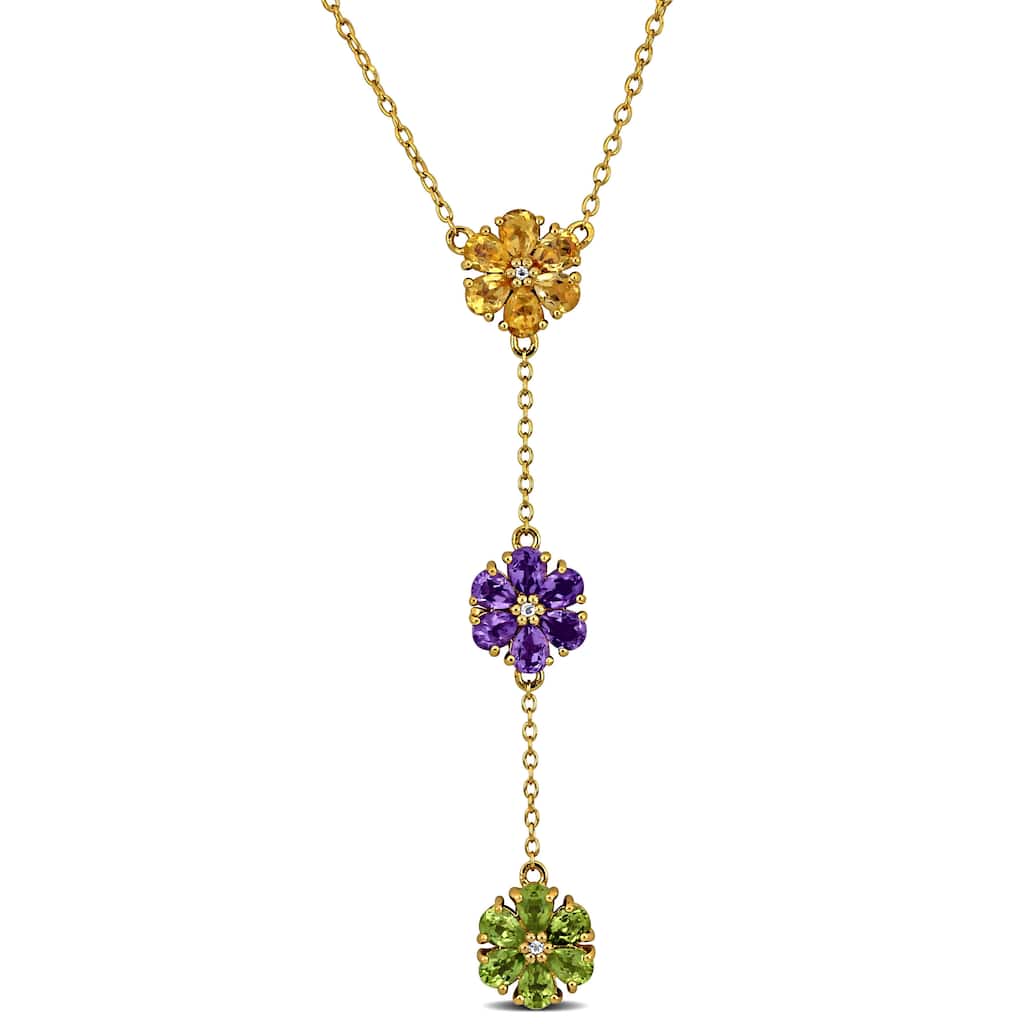 Miadora 2 5/8ct TGW Amethyst, Citrine, Peridot White Topaz Flower Lariat Necklace in Yellow Silver