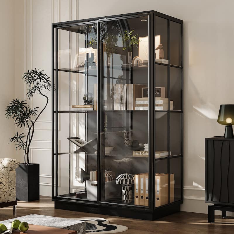 Modern Glass Curio Display Cabinet 4 Tier Display Case With lights & Doors