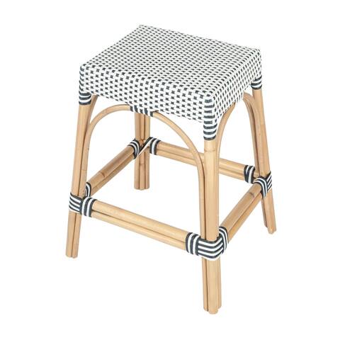 Offex Robias Transitional Navy and White Rattan Backless Counter Stool - 17"L x 19.5"W x 24.5"H