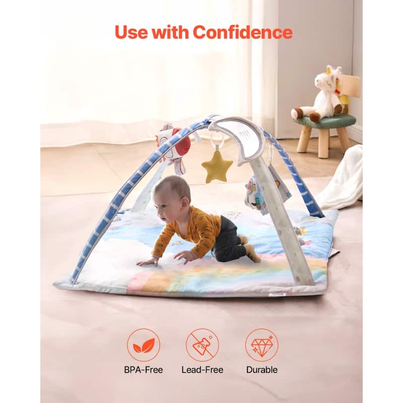 Space-Themed Baby Play Gym Mat with 6 Sensory Toys for Infant Tummy Time Crawling and Sitting