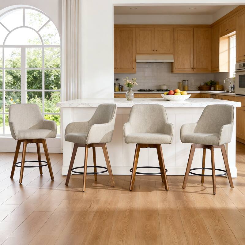 25 Inch Upholstered Swivel Counter Height Bar Stool with Armrests, Solid Wood Legs - 23.6"W x 22.4"D x 40.2"H