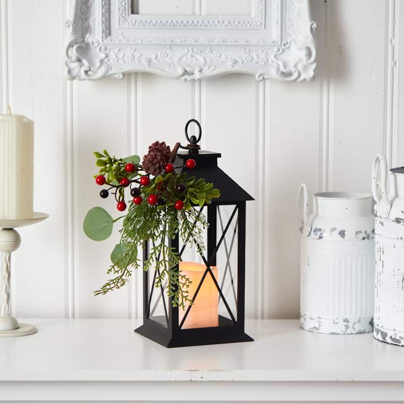 12” Black Battery Operated Decorative Berries Christmas Lantern