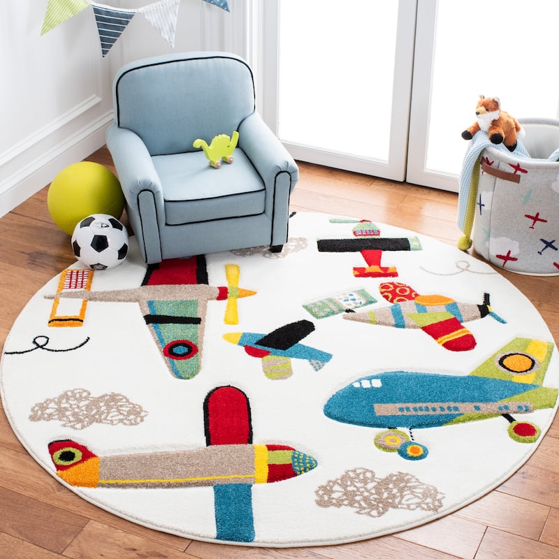 SAFAVIEH Carousel Kids Ardak Airplane Rug - 5'3" x 5'3" Round - Ivory/Blue