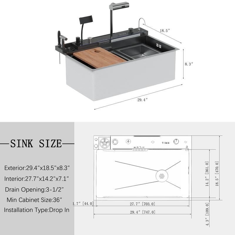 29.4 Inch Smart Kitchen Sink Workstation with LED Display, Multi-Function Faucet, Cutting Board & Drain Control