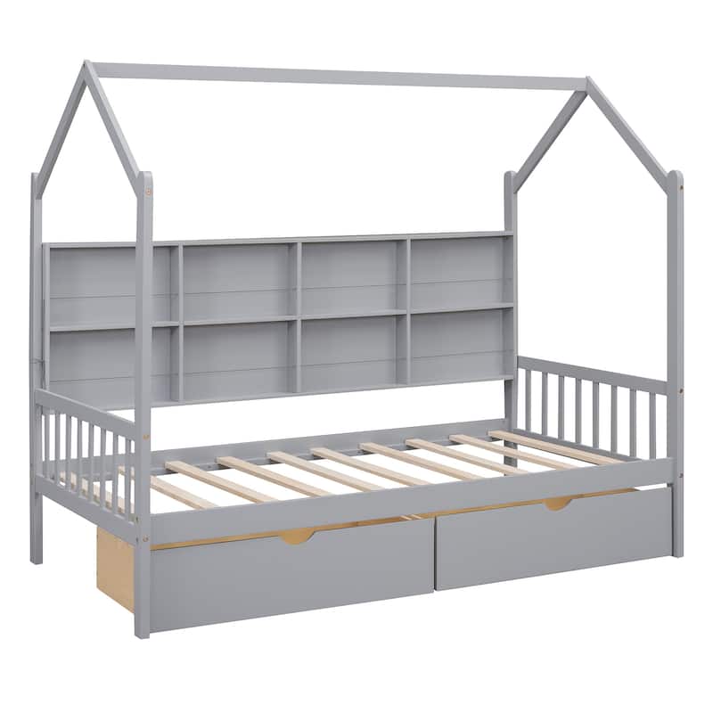 Wooden Twin Size House Bed with 2 Drawers,Kids Bed with Storage Shelf