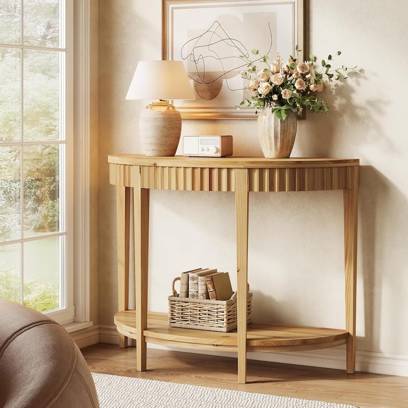 Solid Wood Fluted Console/Entryway Table with 2-Tier Storage Shelf