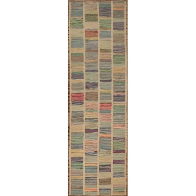 Hand Woven Oriental 100% Wool Carpet Southwestern Modern Multi-Colored Kilim Runner Rug - 12' 1'' X 2' 10''
