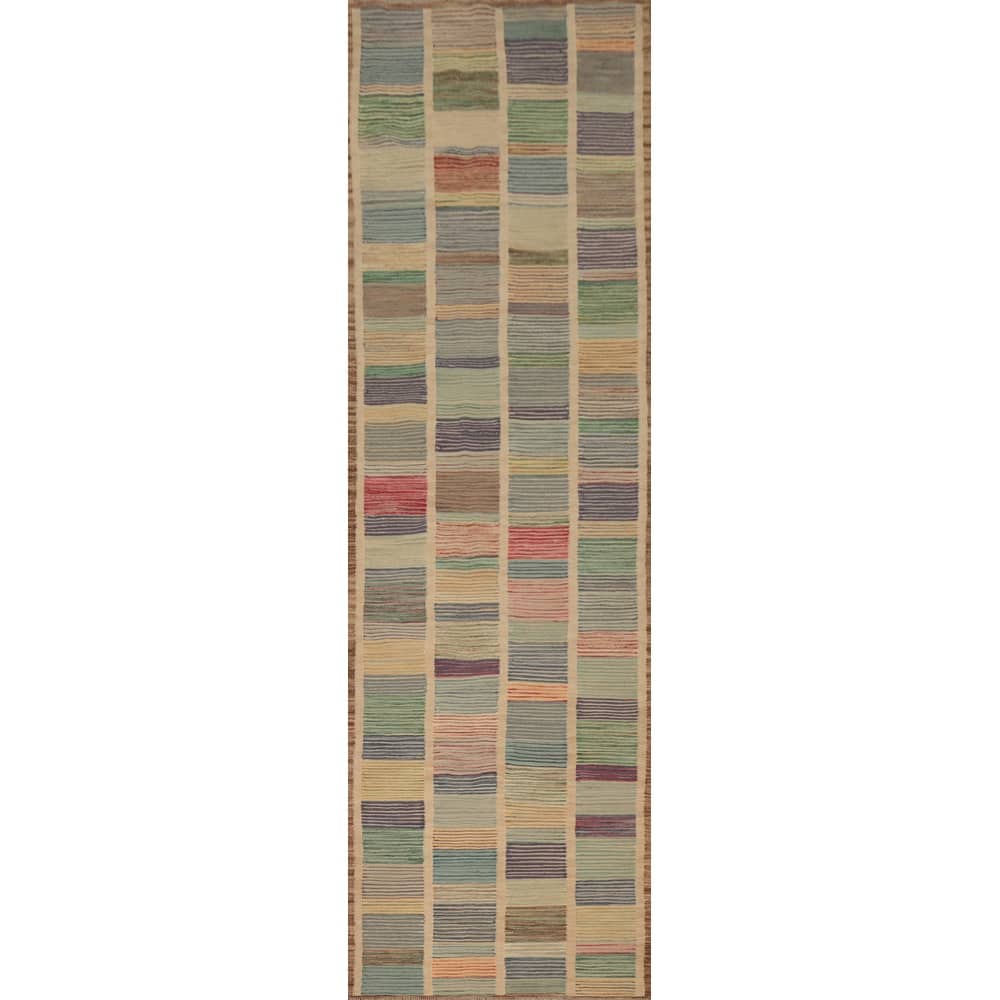 Hand Woven Oriental 100% Wool Carpet Southwestern Modern Multi-Colored Kilim Runner Rug - 12' 1'' X 2' 10''