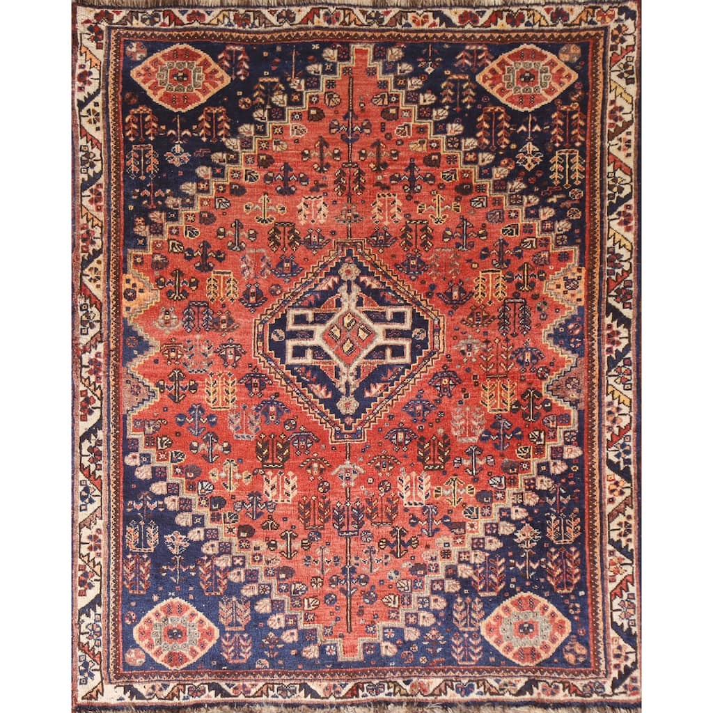 Vegetable Dye Shiraz Persian Vintage Rug Handmade Wool Carpet - 3'6"x 4'6"