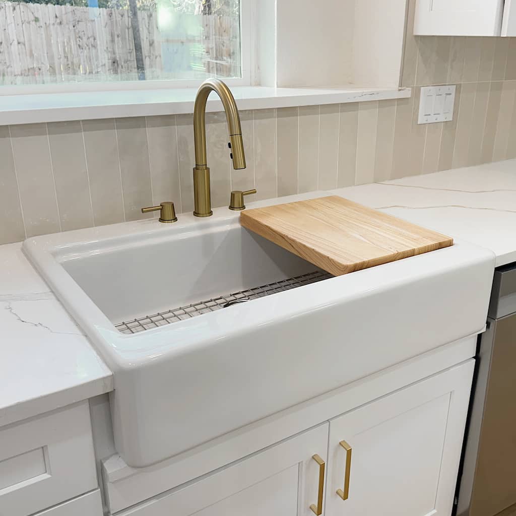Parker Crisp White Fireclay 34" Single Bowl Quick-Fit Apron-Front Drop-In Workstation Kitchen Sink