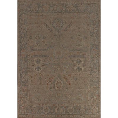 Beige Floral Oushak Turkish Area Rug Hand-Knotted Wool Carpet - 9'0"x 11'9"