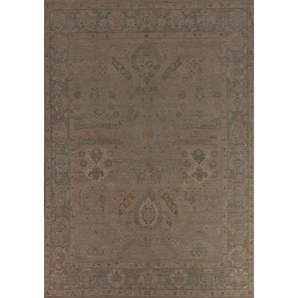Beige Floral Oushak Turkish Area Rug Hand-Knotted Wool Carpet - 9'0"x 11'9"