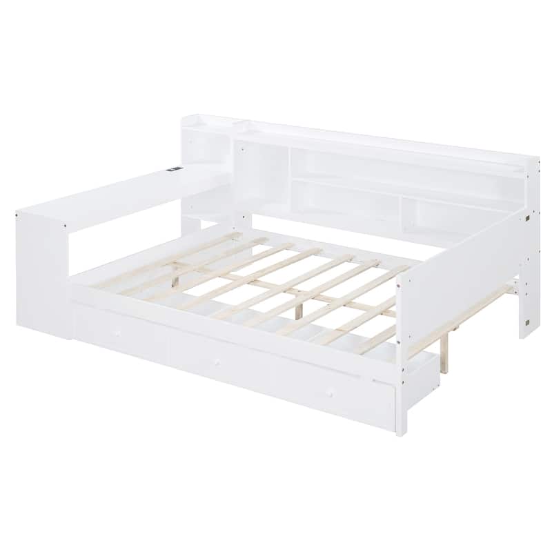 Full Size Daybed with 3 Storage Drawers & Shelves Headboard, Wooden Sofa Bed Frame with USB Ports and Desk, No Box Spring Needed