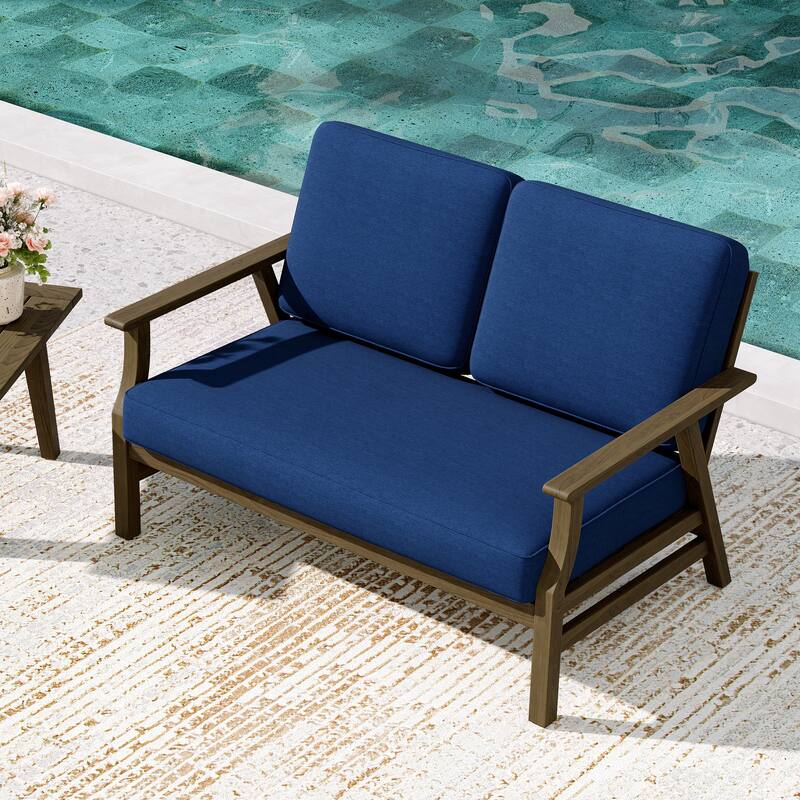 Teak Frame Outdoor Loveseat Daybed with Water-Resistant Cushions. - Navy/Loveseat - Brown Wood