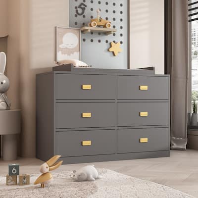 Dresser 6 Drawers With Baby Changing Table In White/Grey Golden Handle