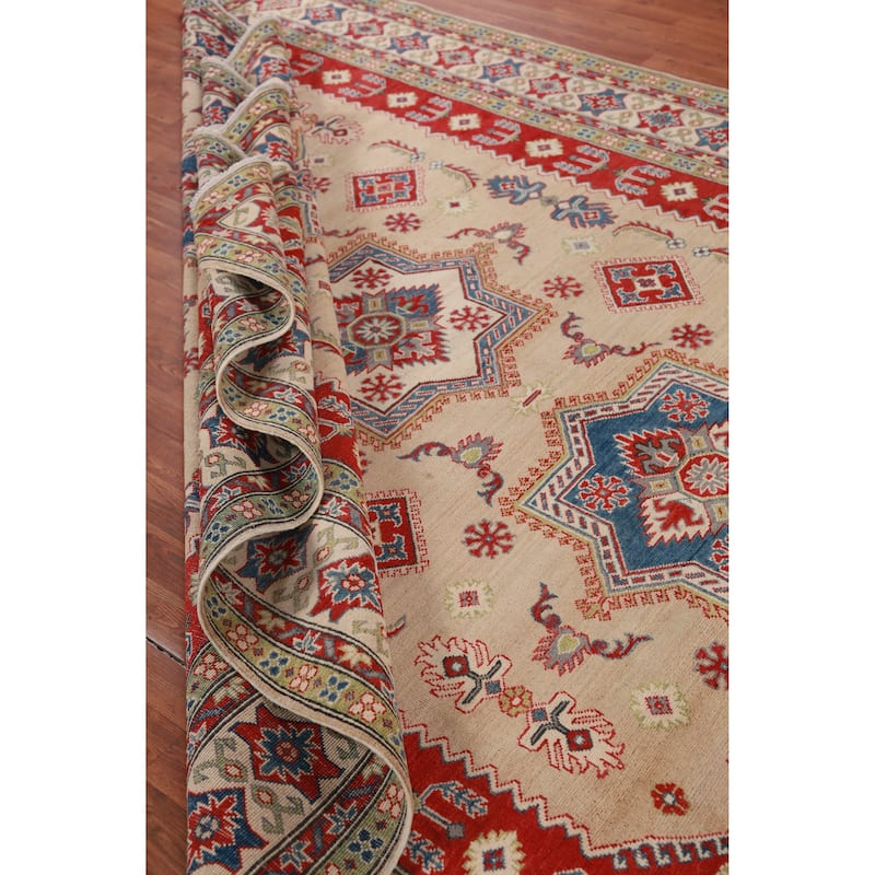Hand Knotted Oriental 100% Wool Carpet Traditional Geometric Peach Kazak Area Rug - 9' 9'' X 8' 4''
