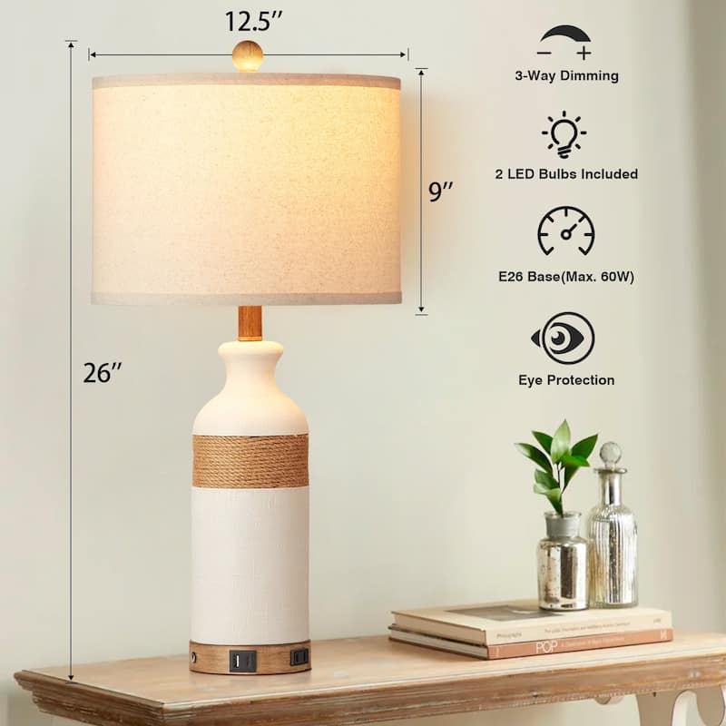 Table Lamp White Resin Touch Dimming Switch USB and Type C Charging Ports AC Outlet No Strobe (Set of 2)