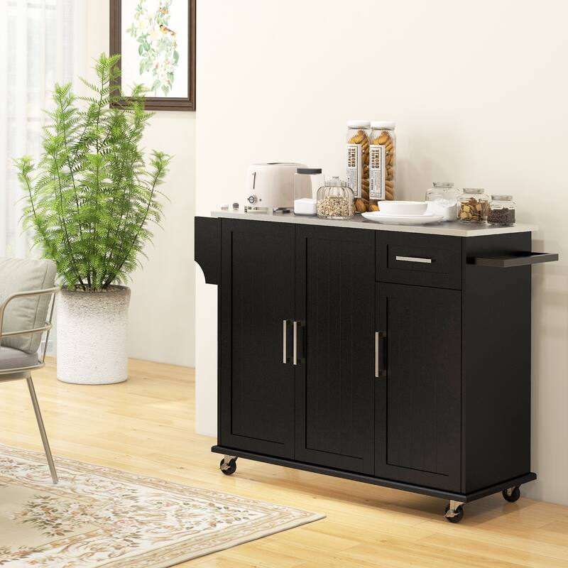 HOMCOM Kitchen Island with Storage, Rolling Kitchen Island on Wheels with Drawer, 3 Cabinets, Stainless Steel Countertop - Black