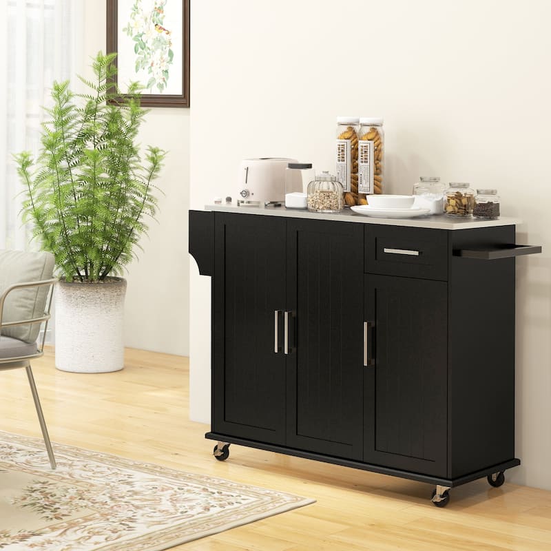 Rolling Kitchen Island on Wheels with Drawer, 3 Cabinets, Stainless Steel Countertop, Spice Rack and Towel Rack