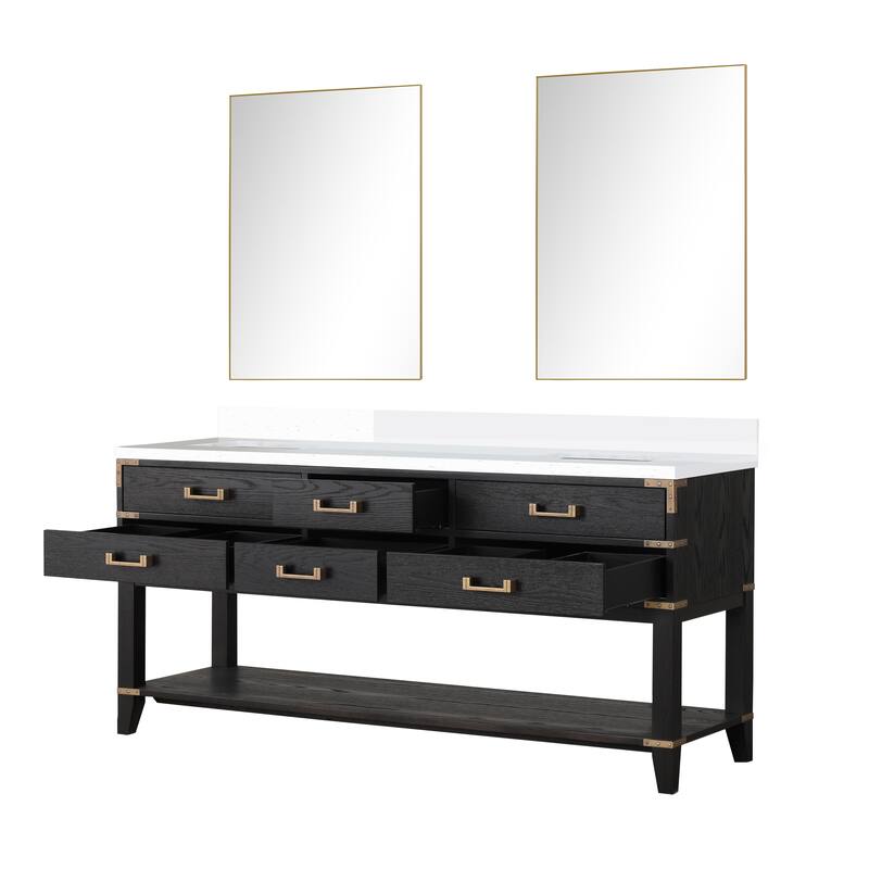 Norwalk 60 in W x 22 in D Black Oak Double Bath Vanity, White Quartz Top, and 28 in Mirrors