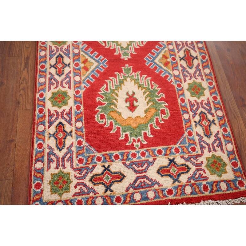 Hand Knotted Oriental 100% Wool Carpet Traditional Geometric Red Kazak Area Rug - 2' 11'' X 1' 11''