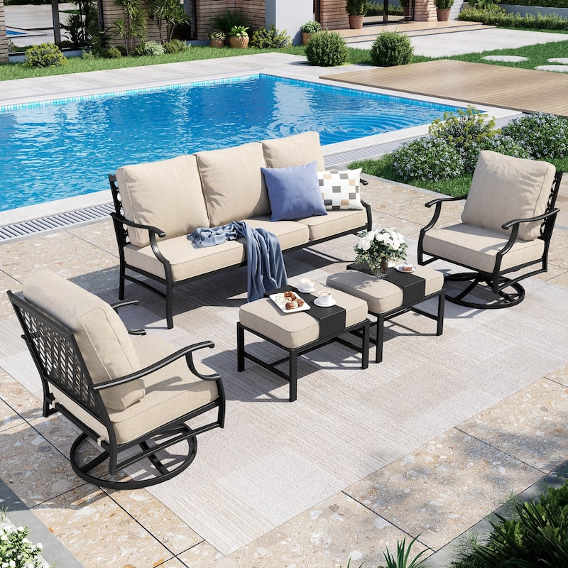 MAISON ARTS Patio Conversation Sets 5/7/9-Seat, Sofa Set with 2 Single Sofa Chairs, 3-Seater Sofa, Ottoman and Coffee Table - 5-Piece - Set 2-Swivel Chairs with Ottoman