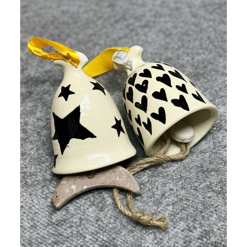 Ceramic Stoneware Hanging Bells with Jute Woven Accent (Set of 2) - 3" x 3" x 12"