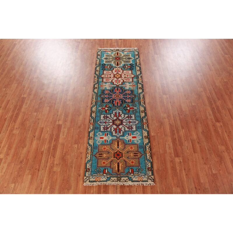 Hand Knotted Oriental 100% Wool Carpet Traditional Geometric Navy Blue & Blues Kazak Runner Rug - 8' 1'' X 2' 7''