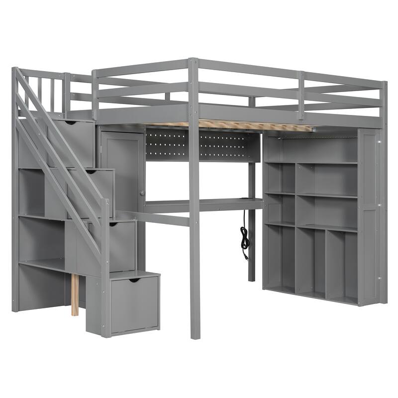Full Loft Bed with Built-In Wardrobe & Study Desk - Space-Saving Frame with LED Lights & Shelves