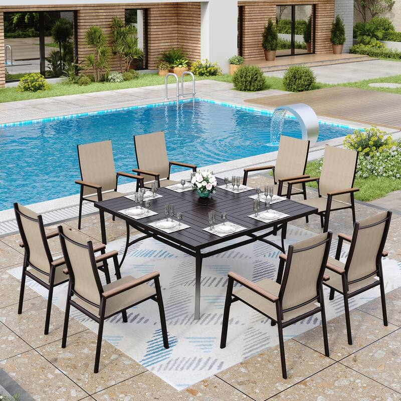 MAISON ARTS 9 Piece Patio Dining Set with 8 Stackable Textilene Chairs and 1 Metal Table - Beige