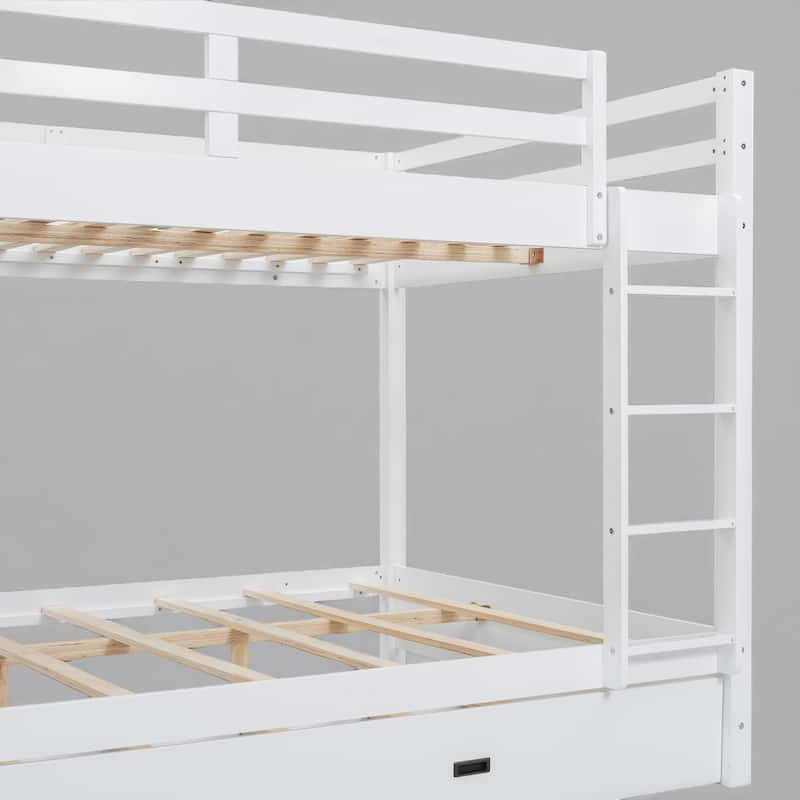 Wood Queen Bunk Bed Frame with Ladder and Trundle, Slatted Support, Safe Railings, Easy Assembly Included