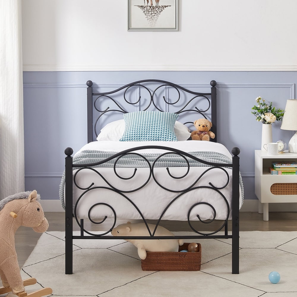 VECELO Metal Platform Bed Frame with Roman Column Floral Scrollwork Headboard No Box Spring Needed Twin/Full/Queen Size