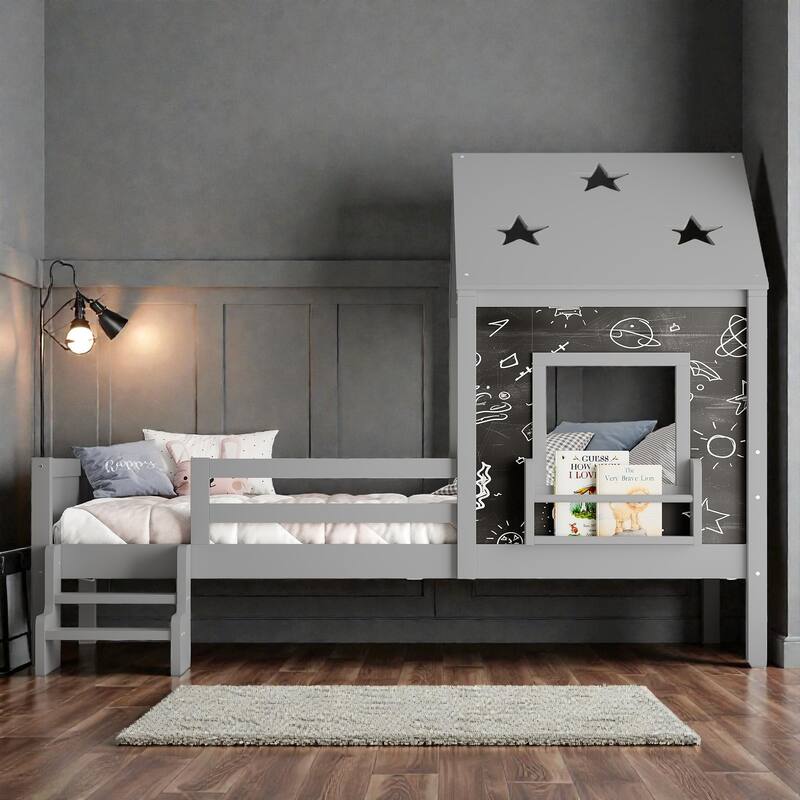 Kids House Platform Bed with Stairs, Star Roof, Window, Bookcase & Blackboard, Solid Wood Low Profile Bed No Box Spring - Grey - Twin