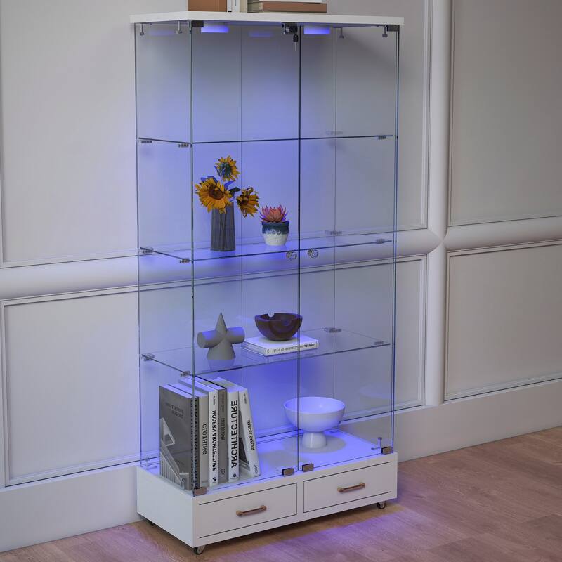 Modern Glass Display Cabinet with Large Drawer for Living Room and Bedroom