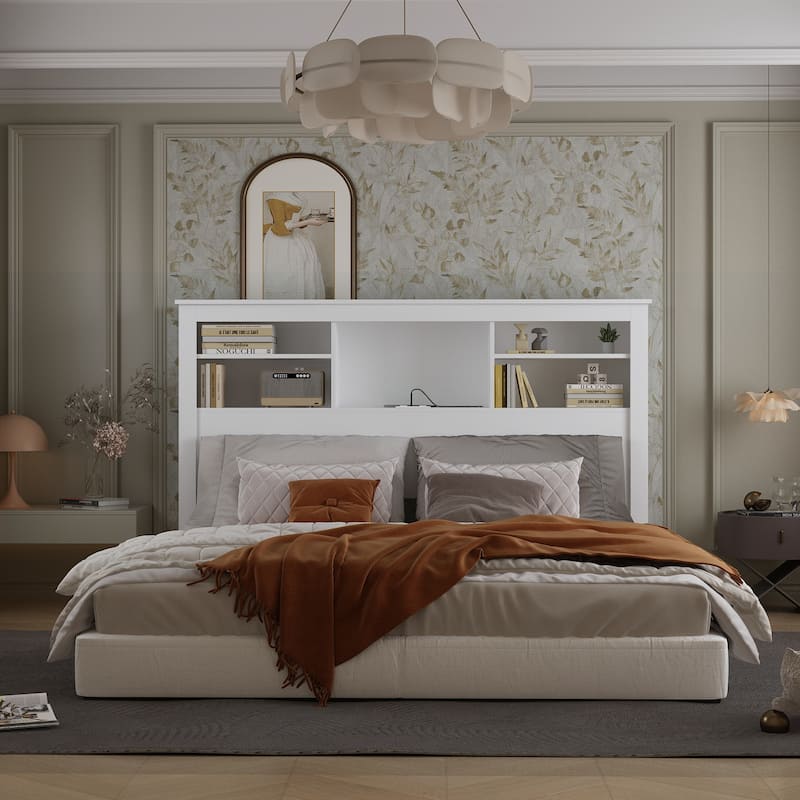 65"Timechee Queen Bookcase Headboard RGB Light Adjustable Shelf