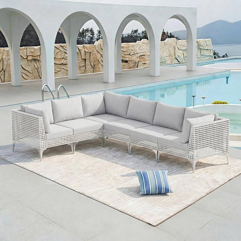 FINCATI Outdoor Wicker Modular Sectional Conversation Set with Cushions, Modern Patio Furniture Set - 6 PCS-Light Grey