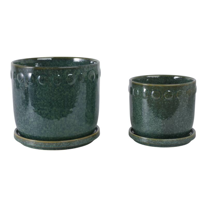Ceramic Planter with Saucer, Bubble Trim Design - Set of 2, 8",6", Green