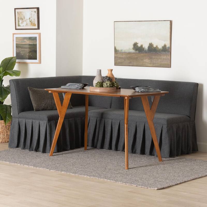 Randolph 3-Piece Fabric Upholstered Dining Nook Set - Corner Kitchen Banquette with Skirted Base, L-Shaped Breakfast Nook