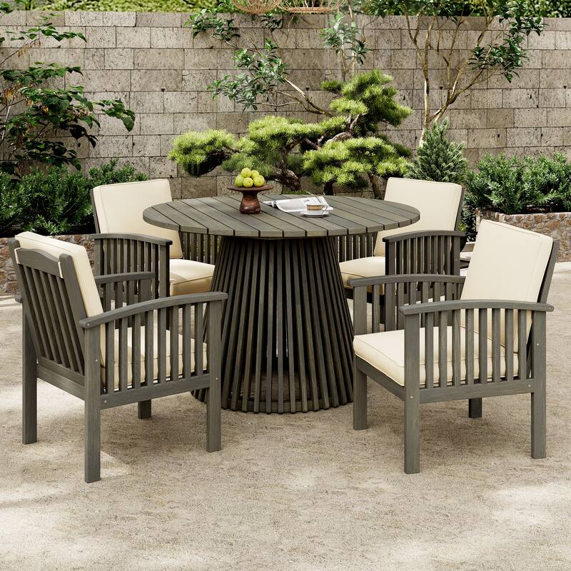 Roomfitters 3-Piece Acacia Wood Patio Set, 2 Modern Club Chairs & Dining Table, Grey Finish with Cream Cushions