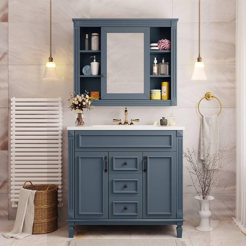 GDFStudio - Marwood Modern Bathroom Vanity Set with Ceramic Sink and Mirror Cabinet with 2 Soft Closing Doors & Drawers - 35.9'W - Blue