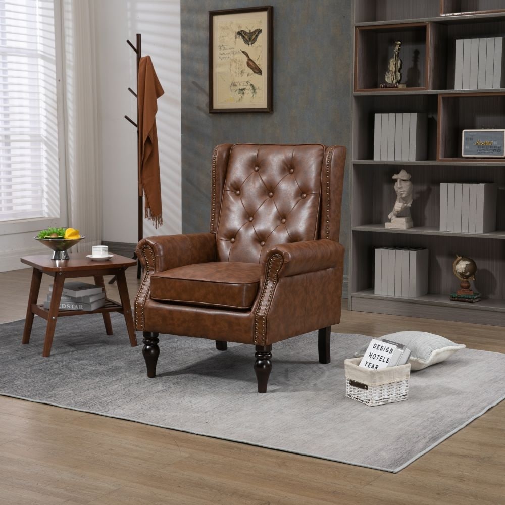 Wood Frame Armchair, Modern Accent PU Leather Chair Lounge Chair for Living Room