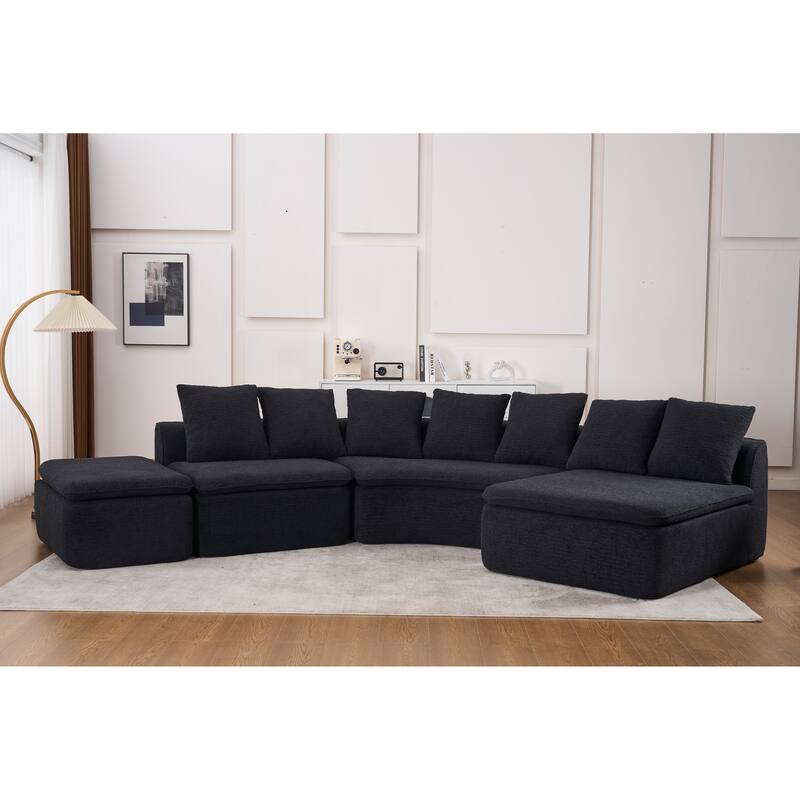 U-Shaped Modular Sectional Sofa with Ottoman, Woodgrain Chenille Deep Seat Boneless Couch, Compression Sofa with Pillows