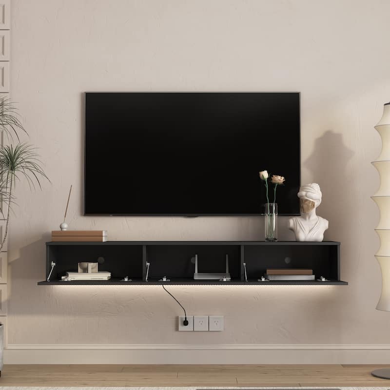 65" Floating TV Stand Wall Mounted with 16 Color LEDs, Modern Fluted TV Stand Entertainment Center for TVs Up to 65"
